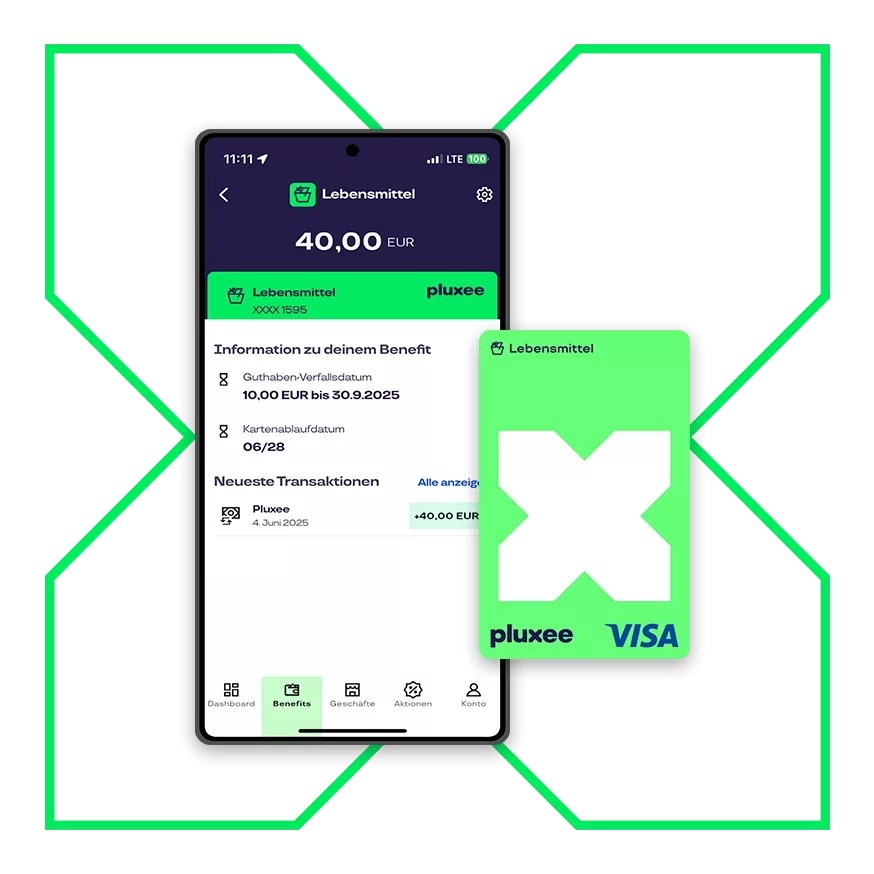 Smartphone mit geöffneter App zeigt Lebensmittel Guthaben von 40 Euro und eine grün-weiße Pluxee-Karte mit großem X-Symbol